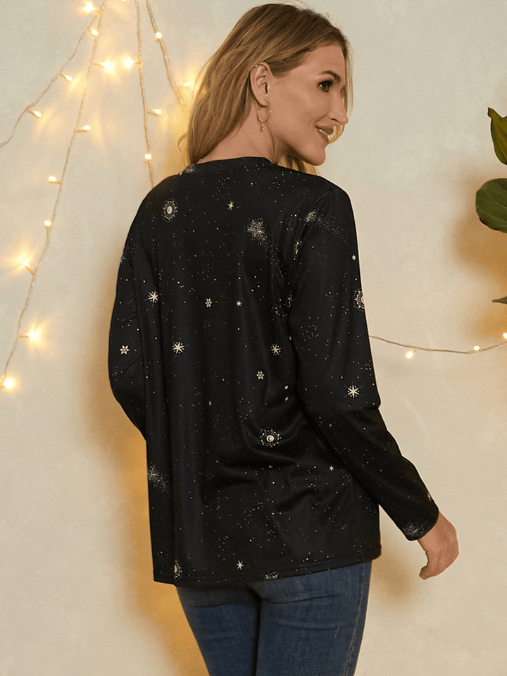 Women Gemini Print Stars Moon O-Neck Long Sleeve Casual T-Shirt - MRSLM