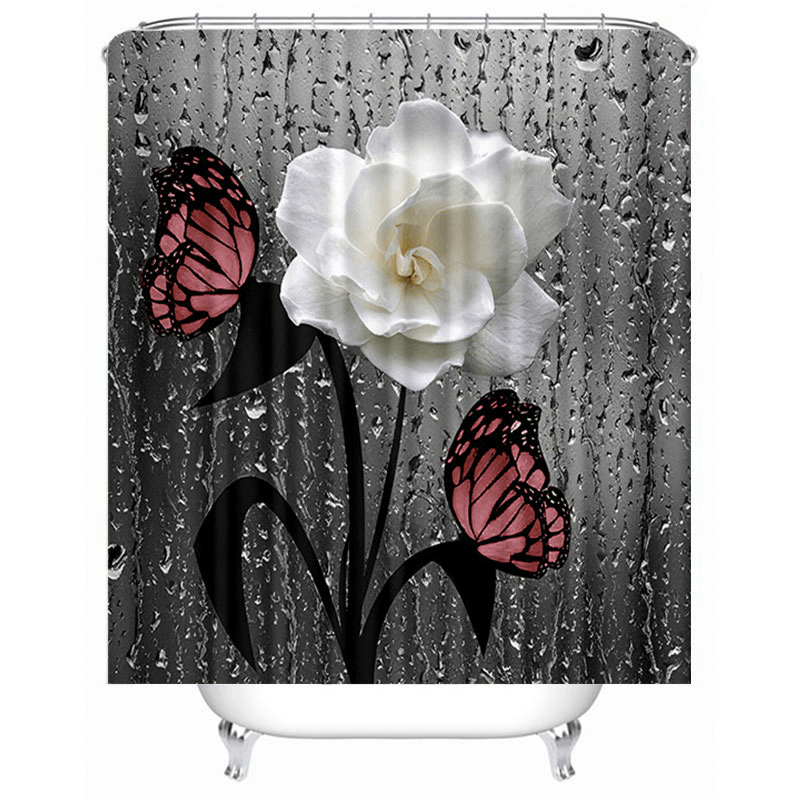 Butterfly Flower Shower Curtain Set Waterproof Polyester Bathroom Mat Set - MRSLM
