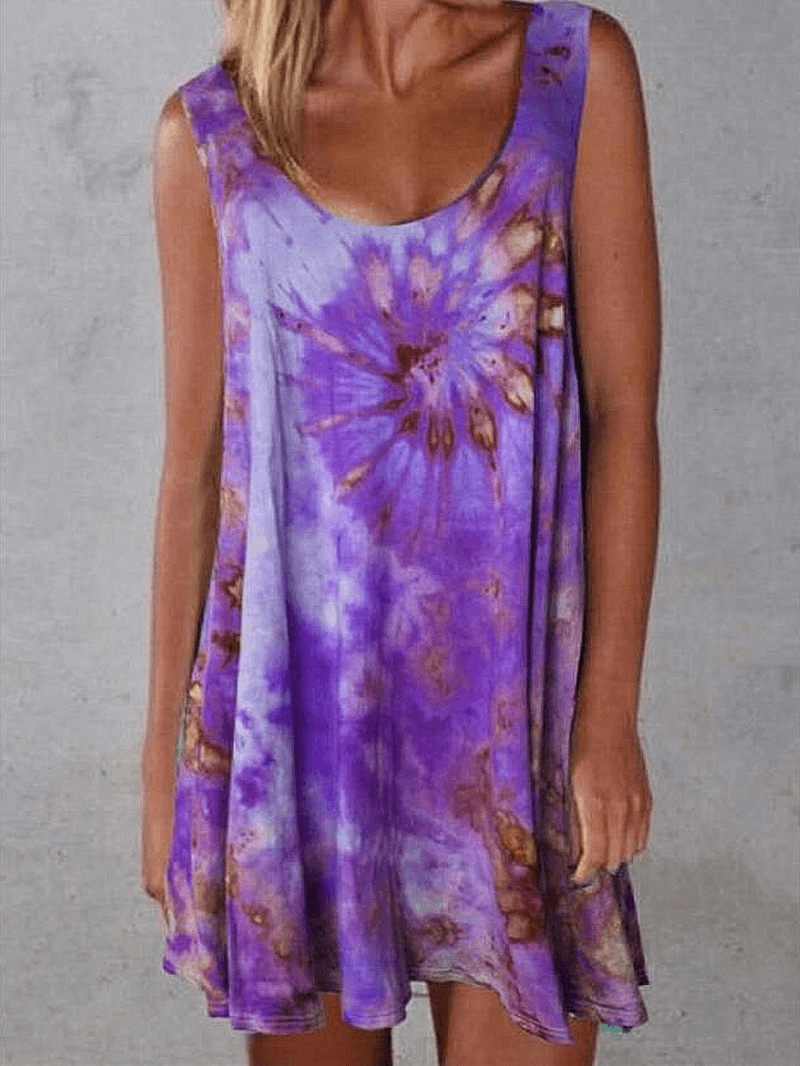 Women Tie-Dye Print Crew Neck Summer Sleeveless Loose Dress - MRSLM