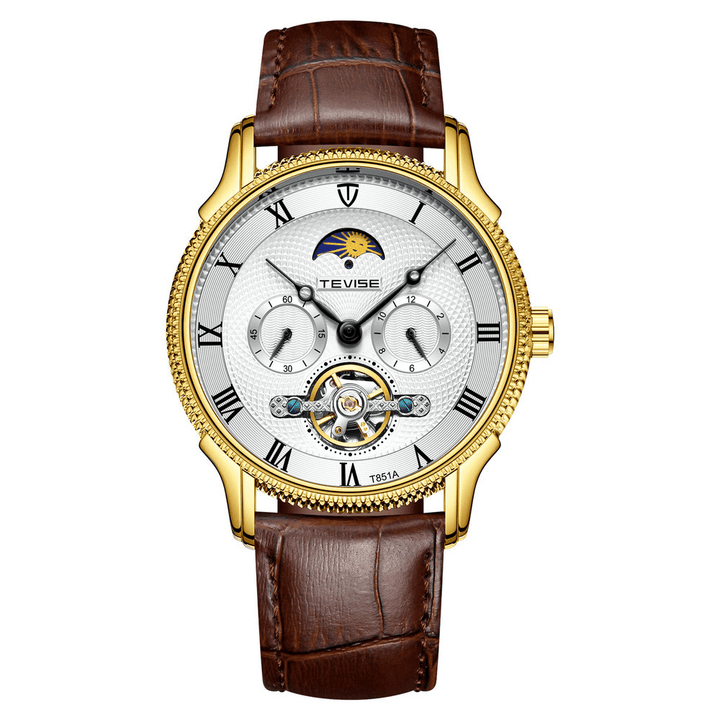 TEVISE T851A Moon Phase Automatic Mechanical Watch Roman Number Leather Band Men Watch - MRSLM