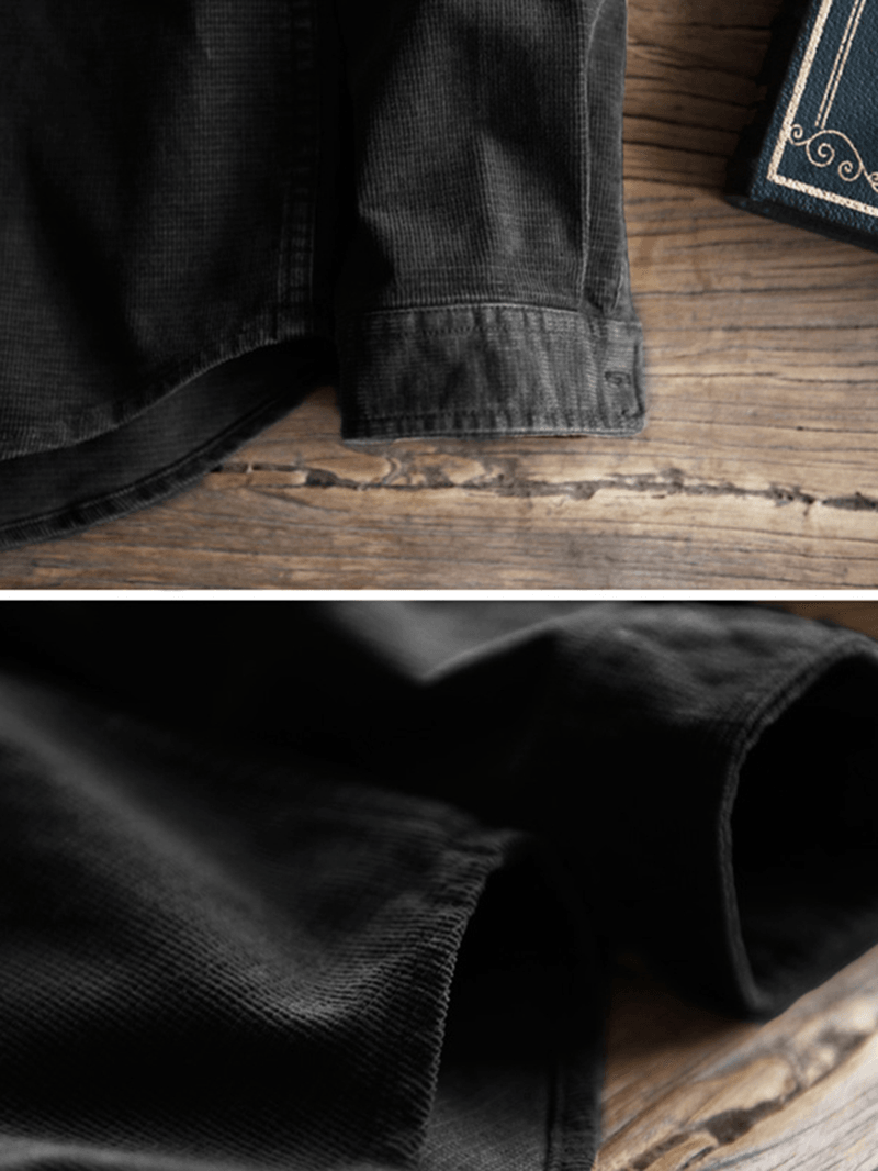 Mens Corduroy Patch Pocket Turndown Collar Long Sleeve Vintage Shirts - MRSLM