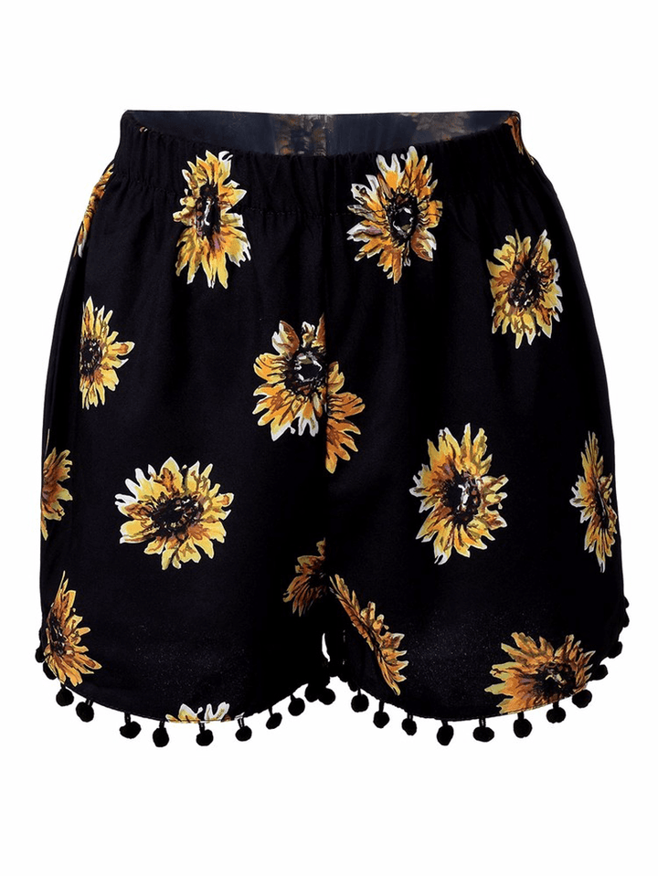 Women Elastic High Waist Sunflower Printed Shorts Casual Beach Shorts - MRSLM