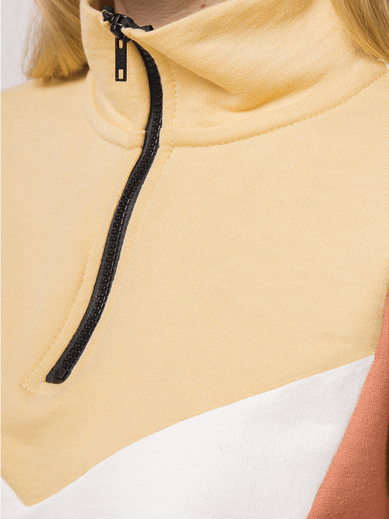 Women Patchwork Half Zipper Front Long Sleeve Pullover Design Sweatshirts - MRSLM