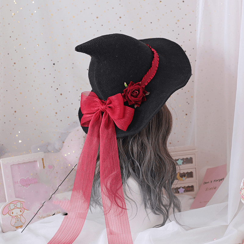 Lolita Halloween Retro Witch Hat Masquerade Rose Big Bow Wizard Hat Gothic Magical Girl Hat Cosplay Accessories Party Decor - MRSLM