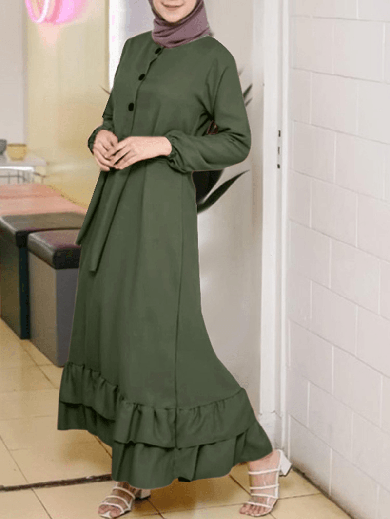 Women Long Sleeve Solid Ruffles Hem Abaya Kaftan Pleats Button Midi Dresses - MRSLM