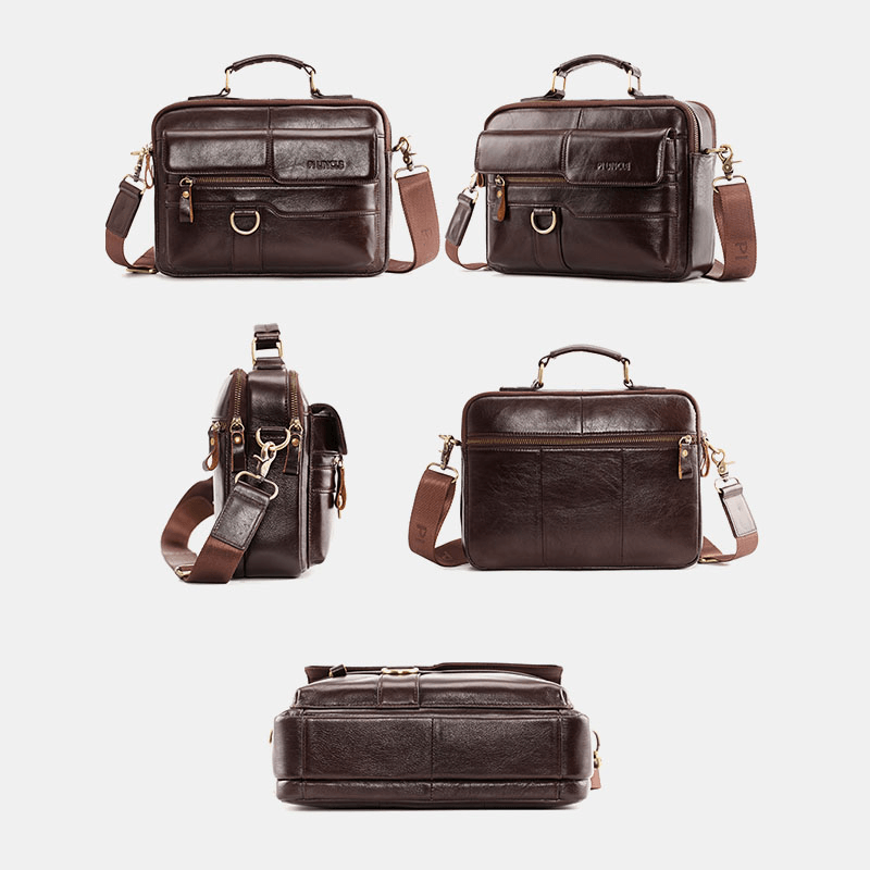 Men Genuine Leather Multi-Pocket Crossbody Bags Large Capacity Retro 6.5 Inch Phone Bag Briefcase Shoulder Bag Handbag - MRSLM