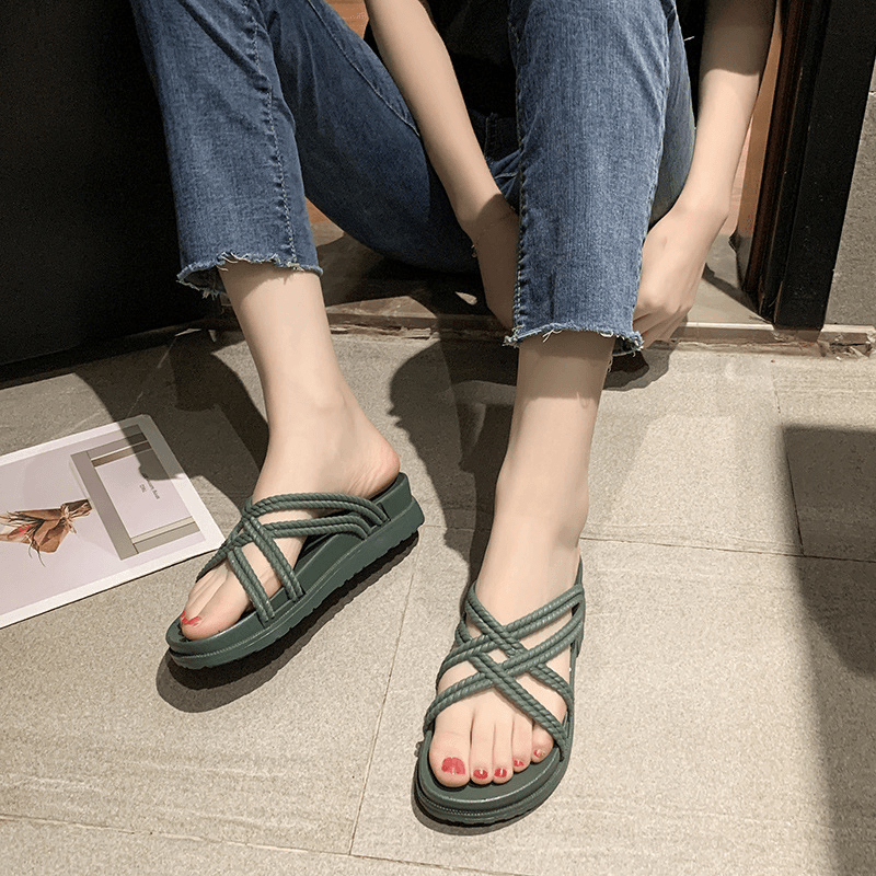 Women Solid Color Cross Band Home Flats Sandals - MRSLM