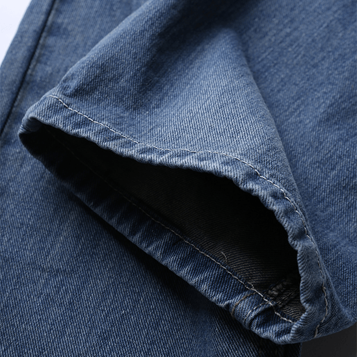 Mens Vintage Holes Light Blue Straight Slim Button Jeans - MRSLM