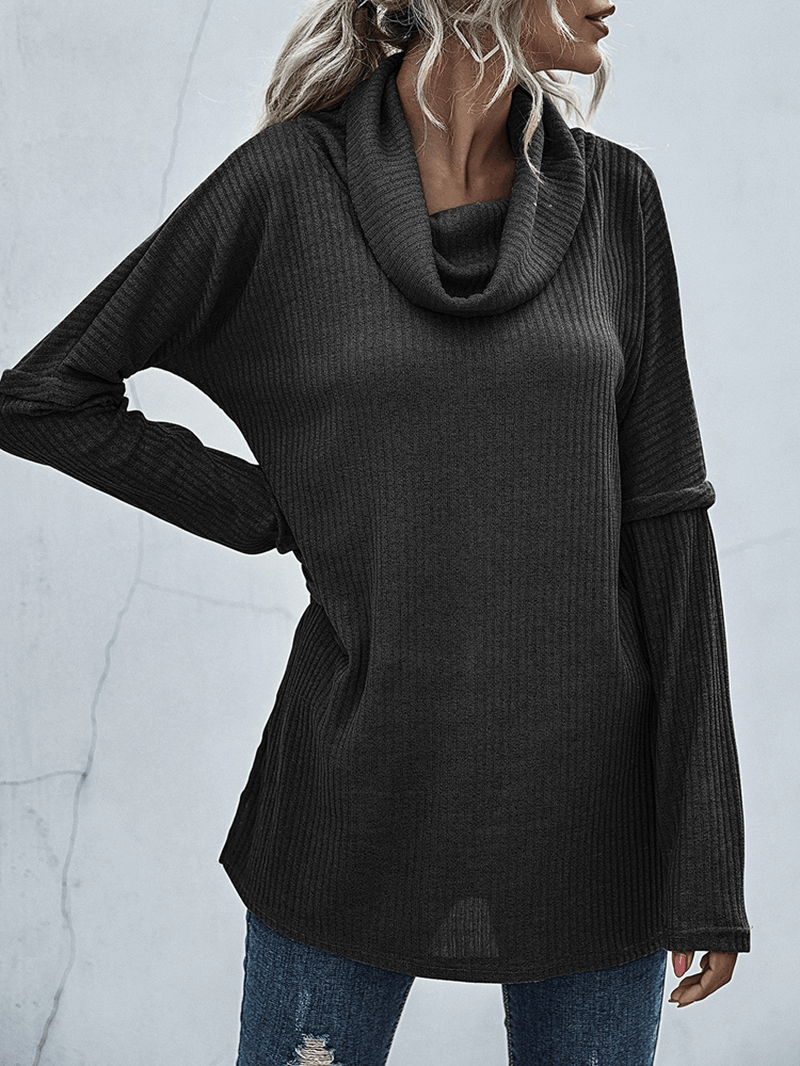 Women Solid Color Rib Knit Turtleneck Warm Long Sleeve Sweaters - MRSLM