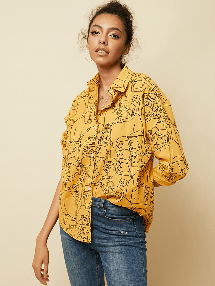 Long Sleeve Lapel Button Figure Print Loose Casual Shirts for Women - MRSLM