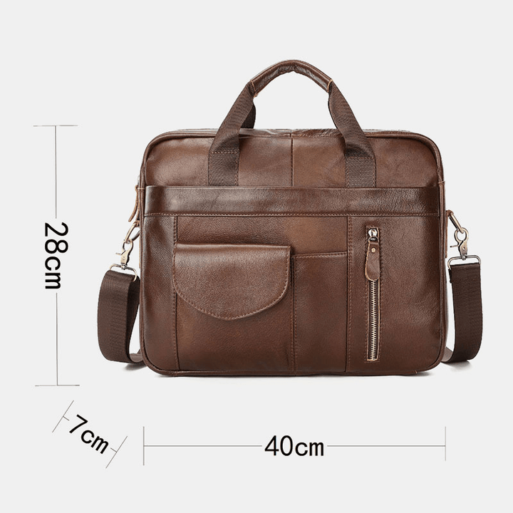 Men Genuine Leather Multi-Pocket Vintage 14 Inch Laptop Bag Briefcases Crossbody Bag Shoulder Bag Handbag - MRSLM