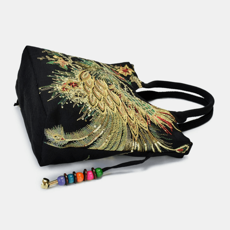 Women Canvas Embroidery Peacock Pattern Ethnic Style Multi-Carry Handbag Crossbody Bag Shoulder Bag - MRSLM