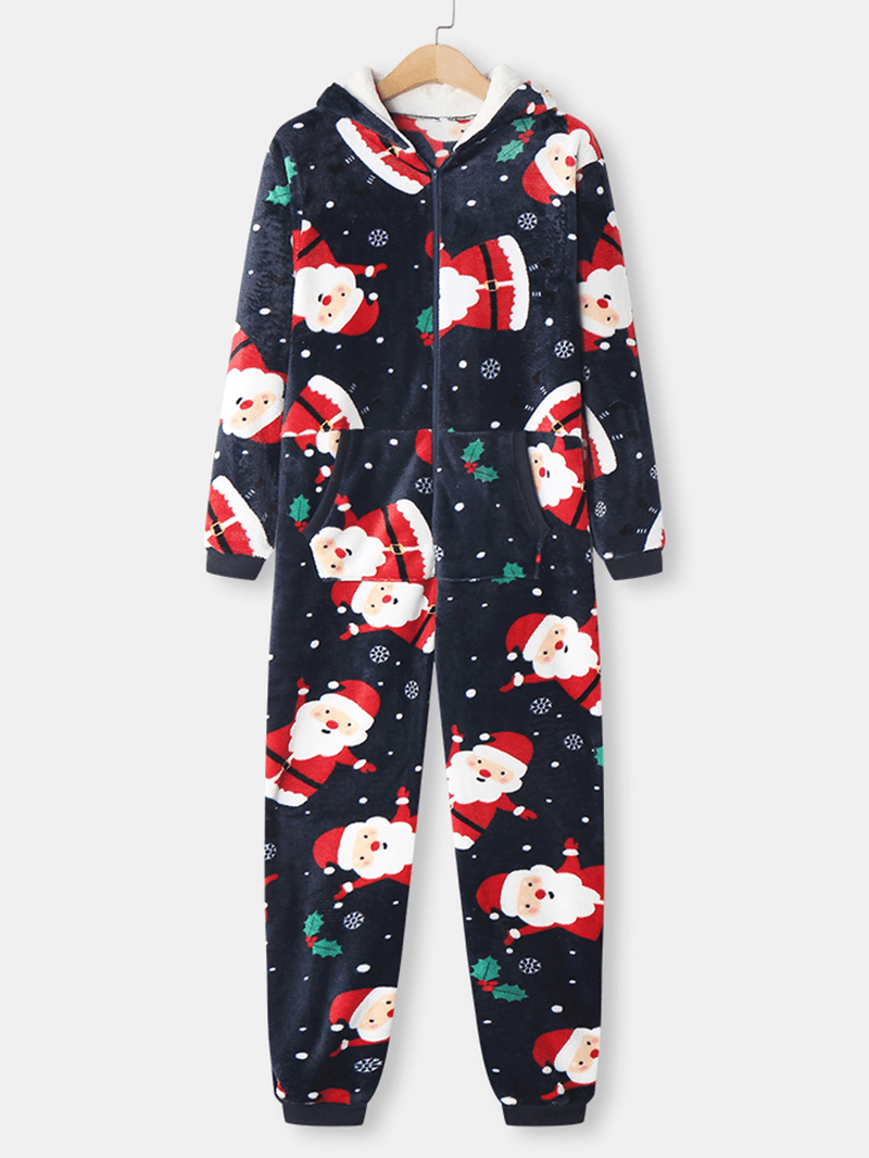 Women Christmas Santa Claus Print Flannel Ear Design Hooded Onesies Long Sleeve Pajamas - MRSLM