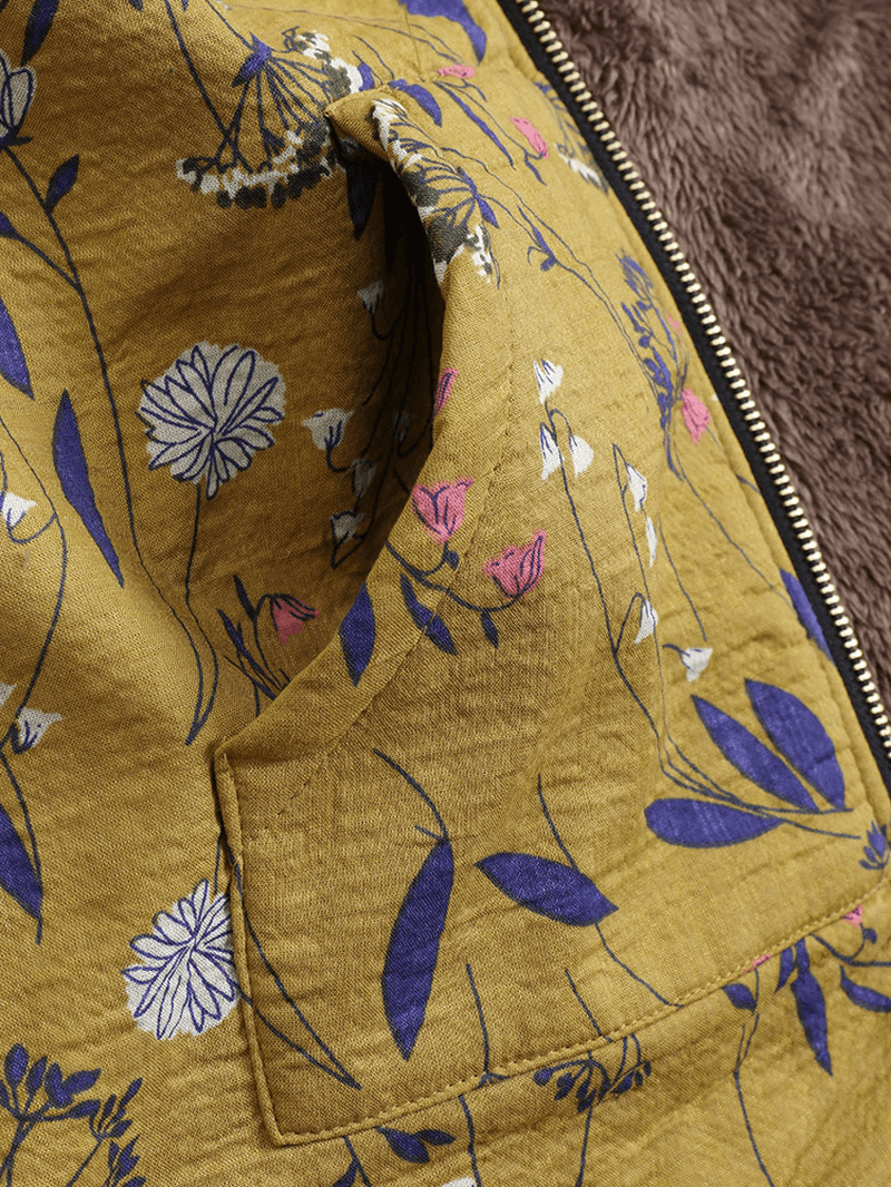 Floral Print Hooded Long Sleeve Pockets Vintage Jacket Coats - MRSLM