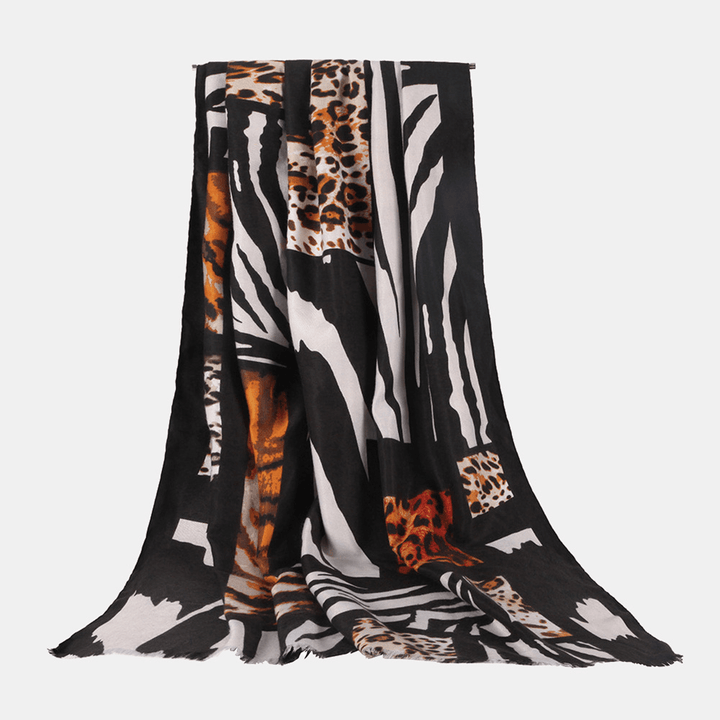 Women Double-Sided Satin Printed Zebra Leopard Pattern Scarf Autumn Winter Super Long Thicken Warmth Shawls Neckerchief - MRSLM