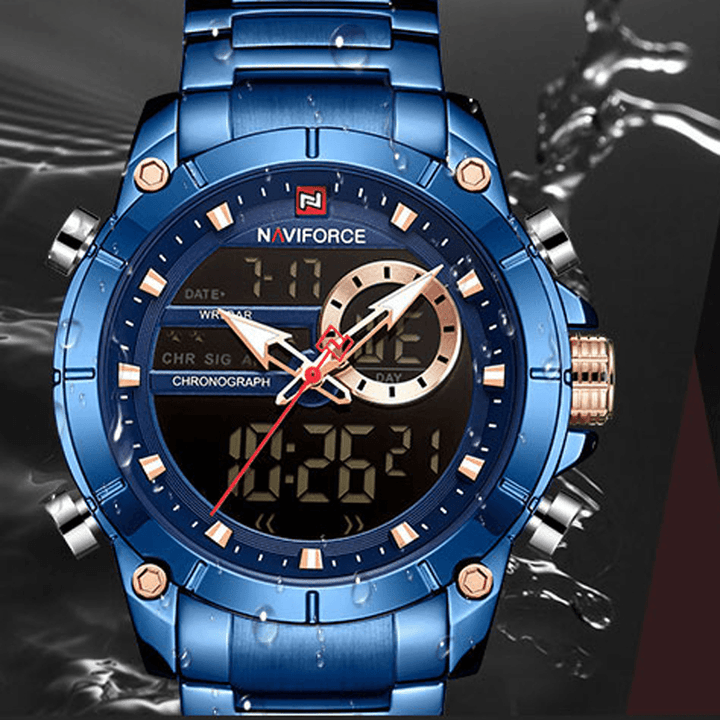 NAVIFORCE 9163 Waterproof Alarm Business Style Dual Display Watch Full Steel Quartz Watch - MRSLM