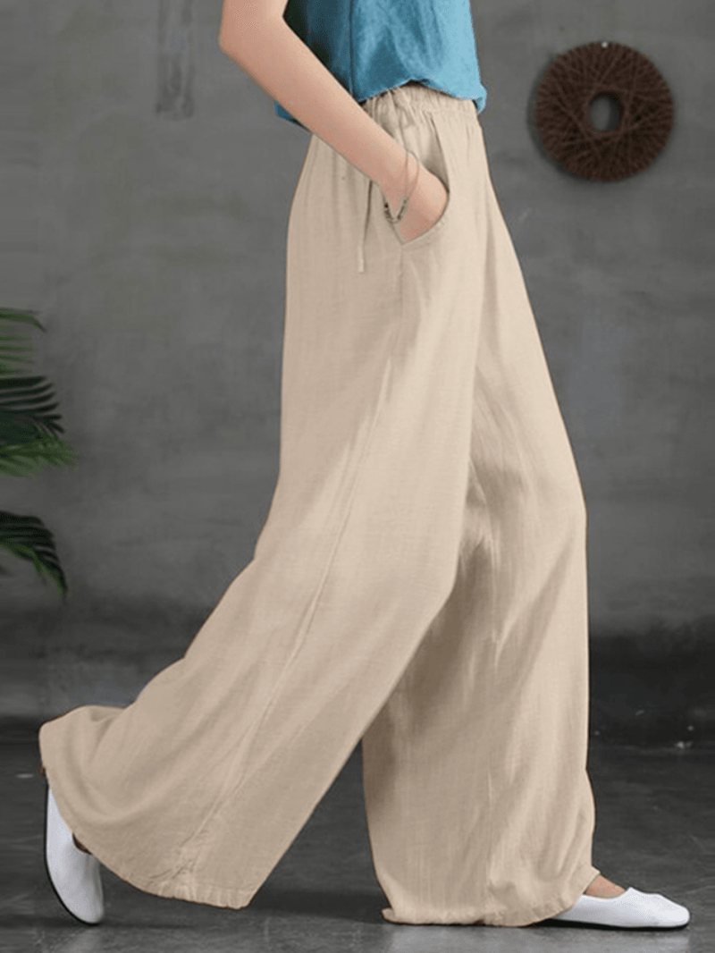 Women Casual Solid Color Side Drawstring Loose Wide Leg Pants with Pockets - MRSLM