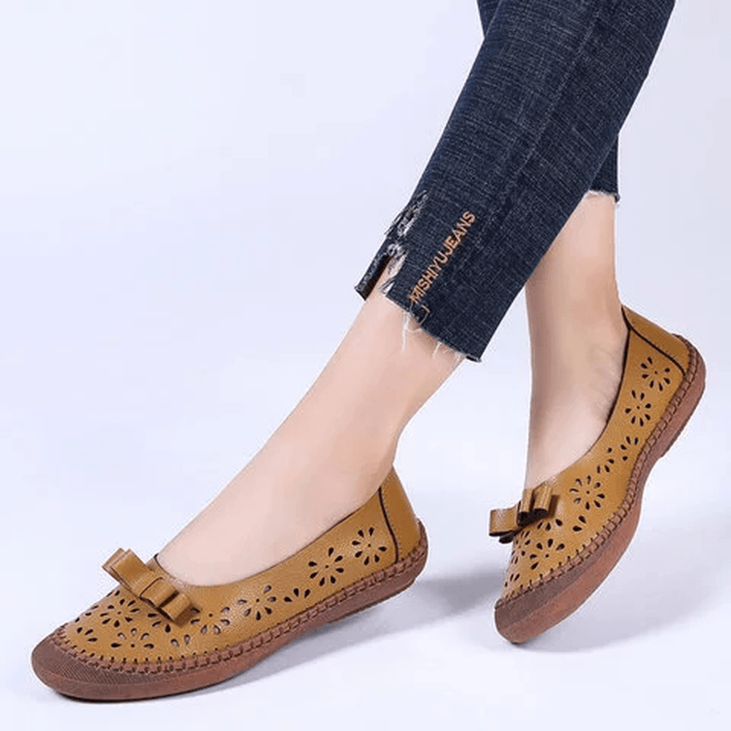 Women plus Size Genuine Leather Breathable Hollow Out Slip on Casual Flats Loafers - MRSLM