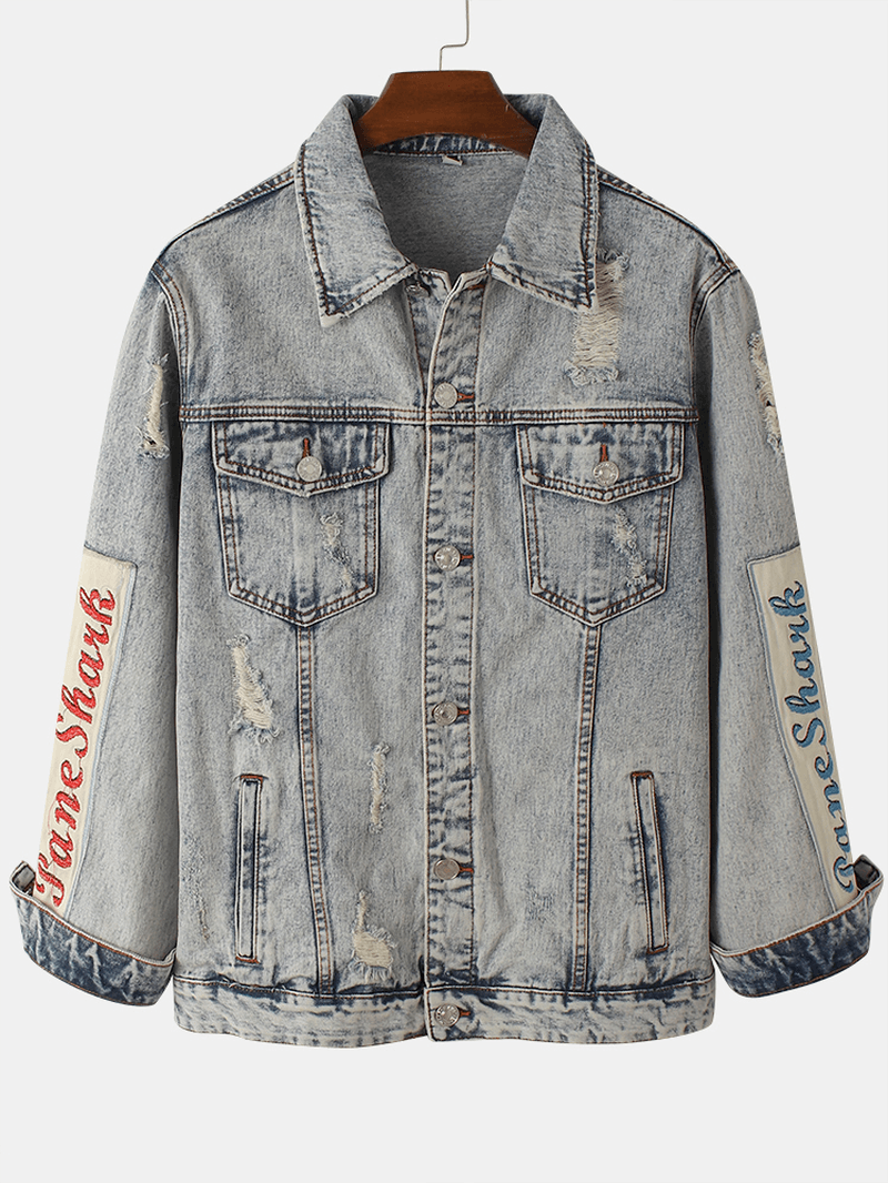 Mens Vintage Distressed Ripped Patch Casual Cotton Denim Jacket - MRSLM
