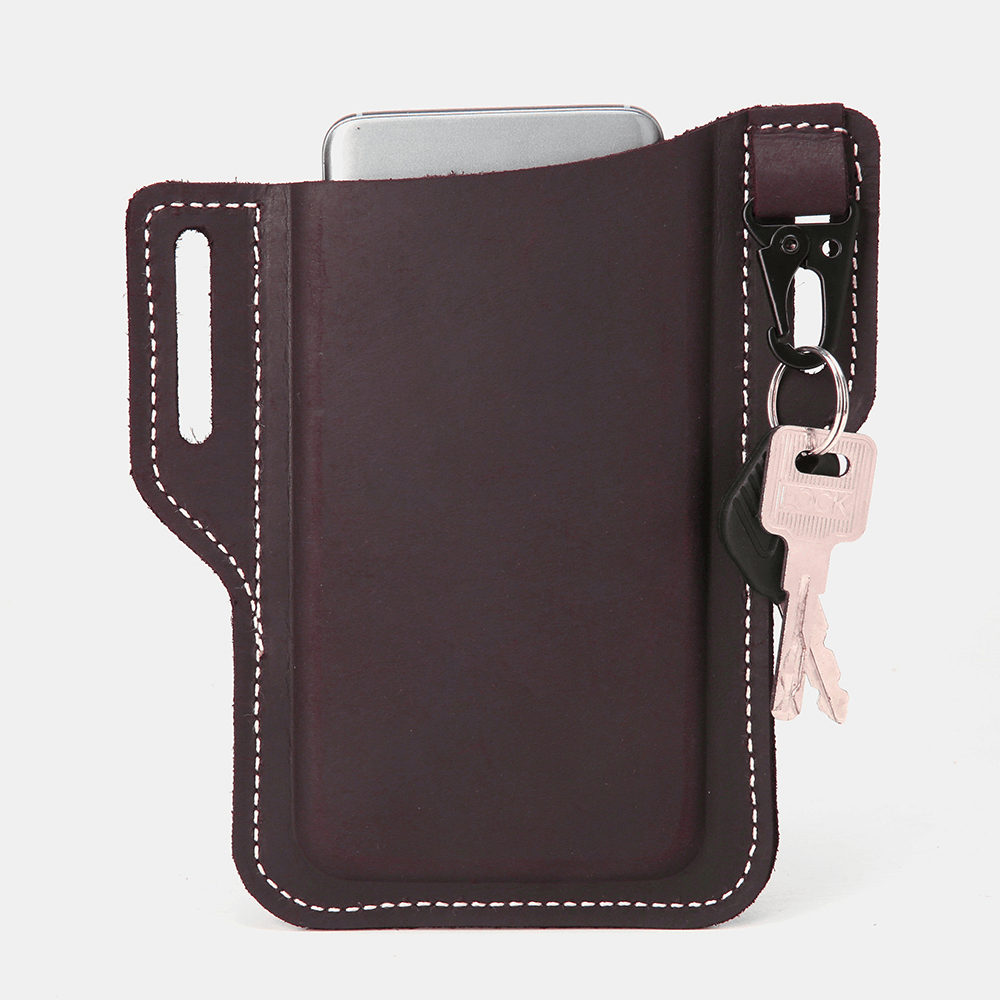 Men Genuine Leather Retro Easy Carry Car Keychain Phone Bag Belt Bag Waist Bag with Belt Loop - MRSLM