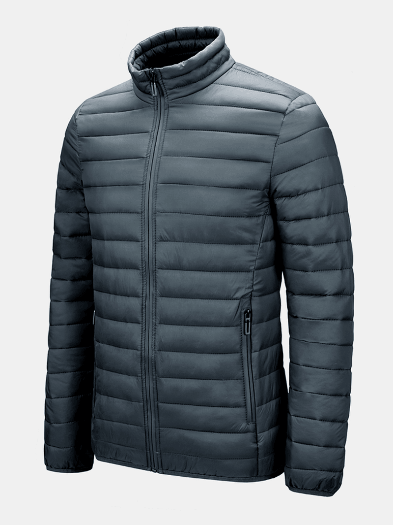 Mens Zip Front Quilted Solid Basic Padded Coats with Pocket - MRSLM