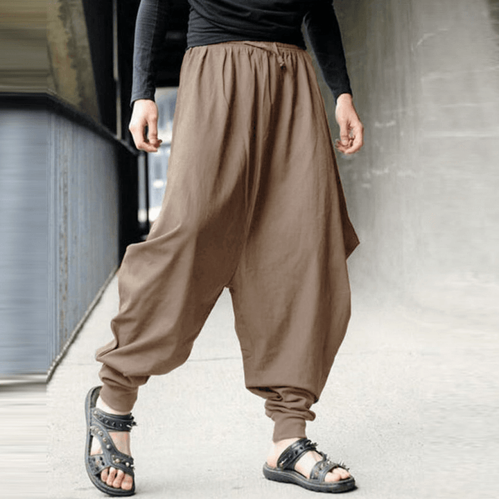 Mens Casual Cotton Linen Solid Color Baggy Loose Harem Pants - MRSLM