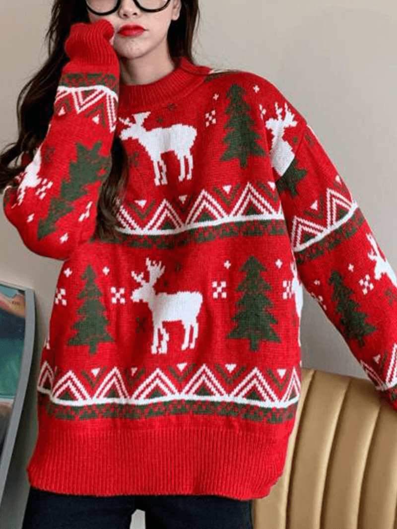 Women Christmas Pattern Print Crew Neck Thick Warm Casual Knitted Sweater - MRSLM
