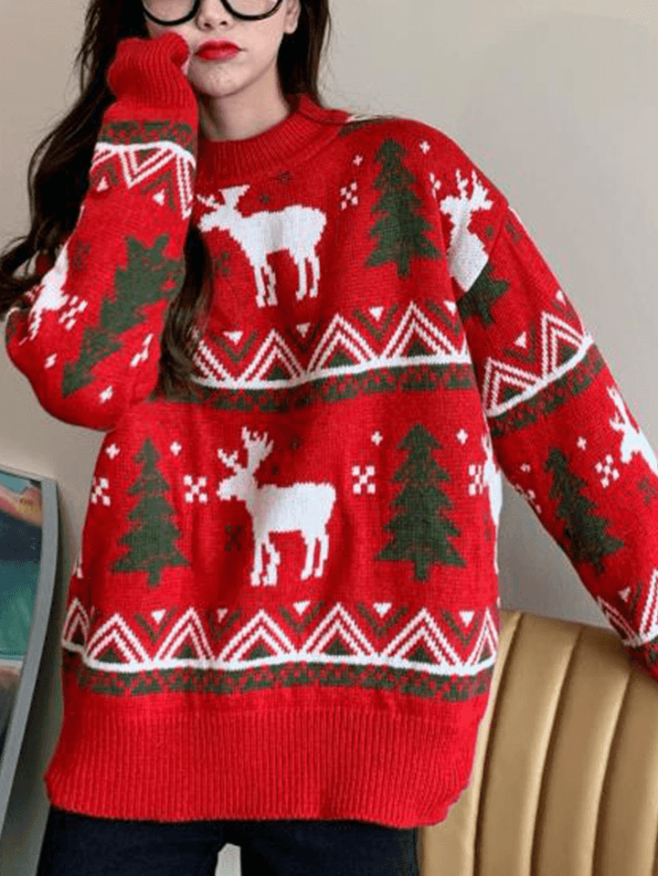 Women Christmas Pattern Print Crew Neck Thick Warm Casual Knitted Sweater - MRSLM