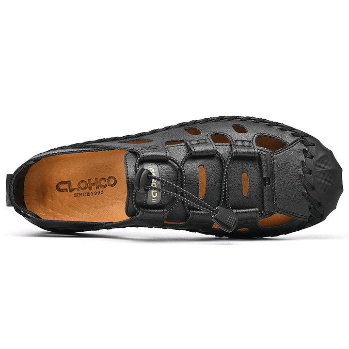 Men Cowhide Hollow Out Hand Stitching Soft Sole Non Slip Comfy Casual Outdoor Sandals - MRSLM