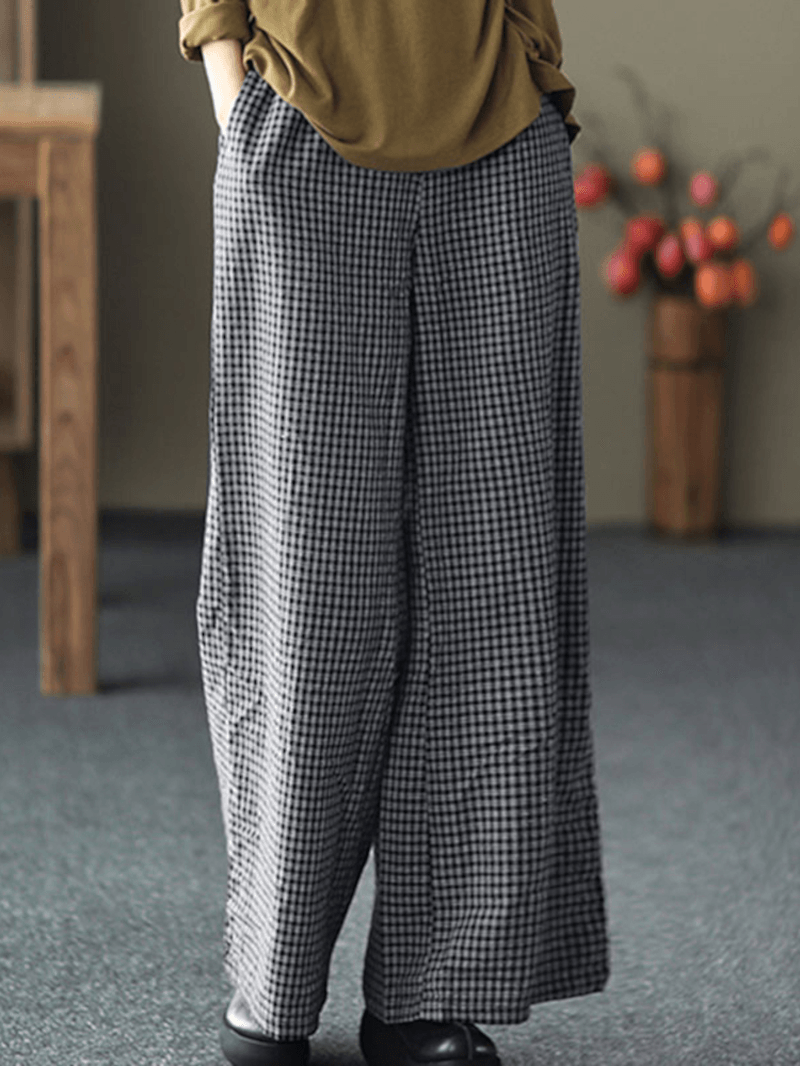 Women Plaid Wide-Legged Elastic Waist Side Pocket Ankle Length Loose Pants - MRSLM