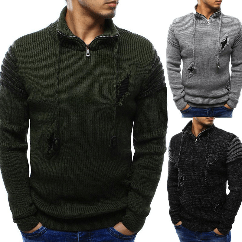 High Neck Zipper Broken Hole Fashion Trendy Sweater - MRSLM