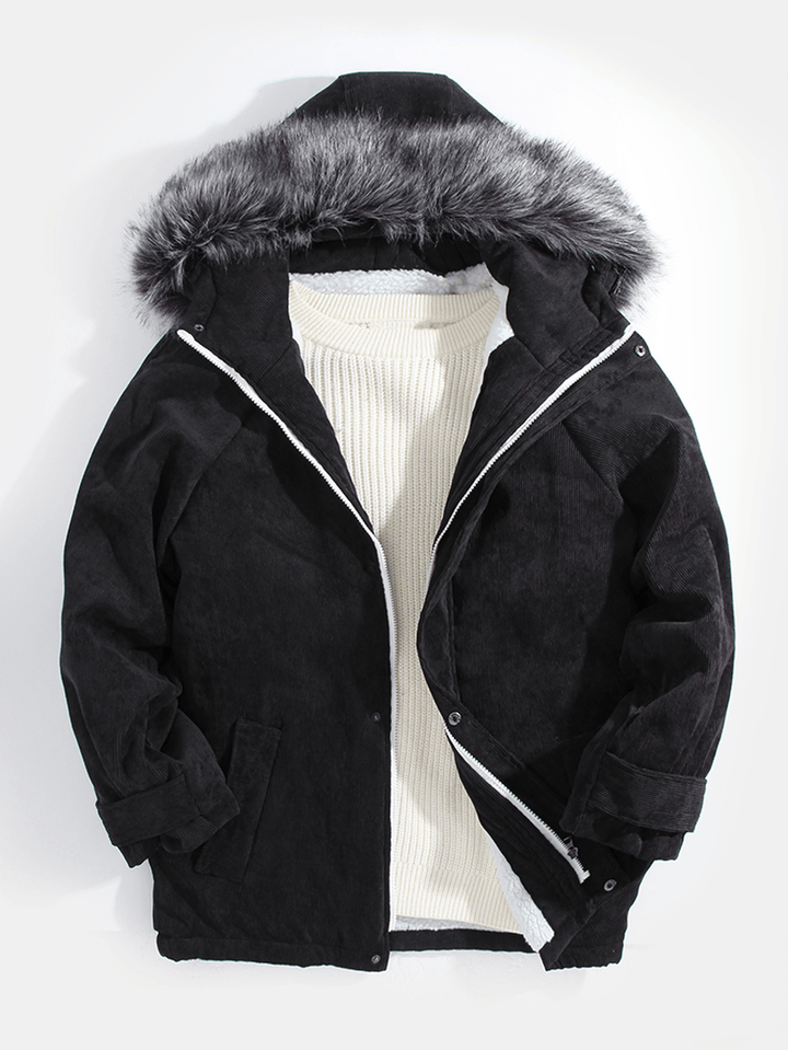 Mens Corduroy Faux Fur Collar Hooded Sherpa Lined Simple Coats - MRSLM