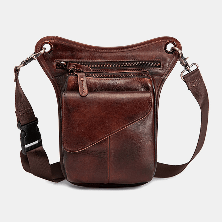 Men Genuine Leather Multi-Carry Retro 8 Inch Outdoor Phone Camera Waist Bag Crossbody Bag - MRSLM
