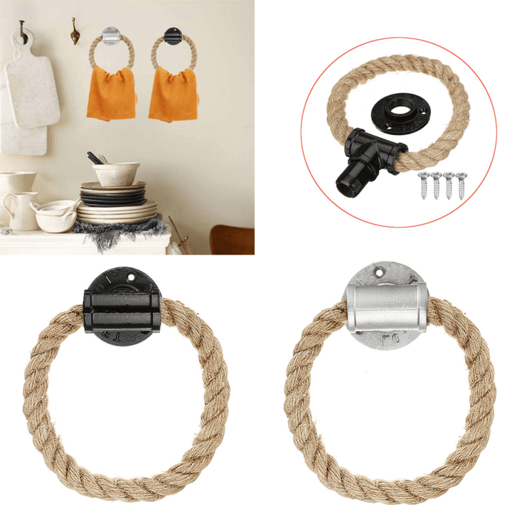 Hemp Rope Towel Hanger Ring Rack Industrial Rustic Bathroom Wall Mounted Holder - MRSLM