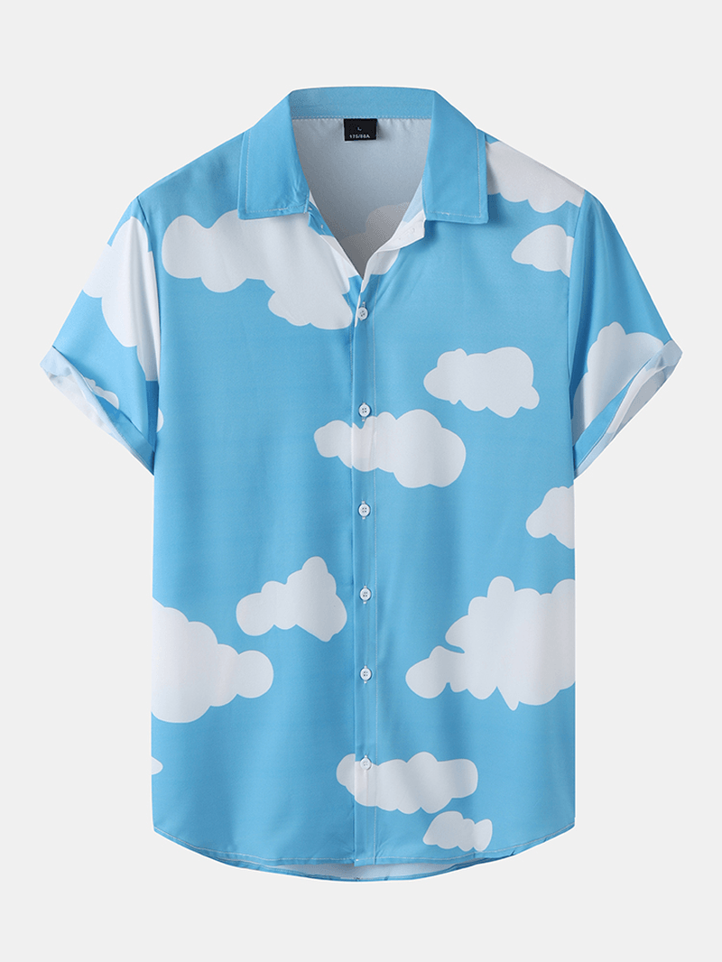 Mens Cloud Pattern Two Pieces Outfits Casual Shirts Shorts - MRSLM