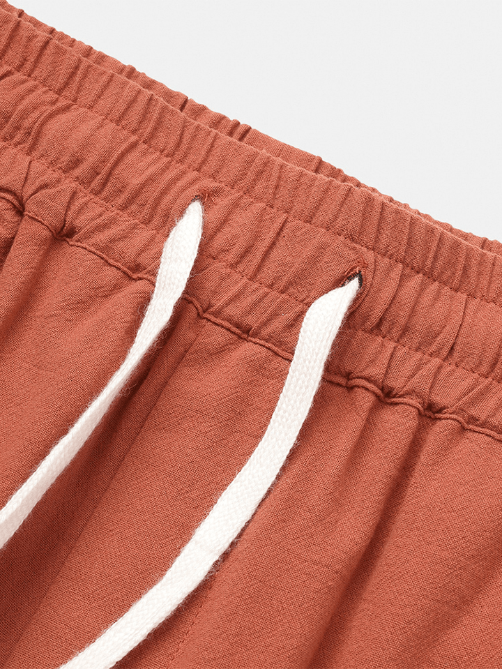 Mens Solid Color 100% Cotton Breathable Pocket Drawstring Vintage Pants - MRSLM
