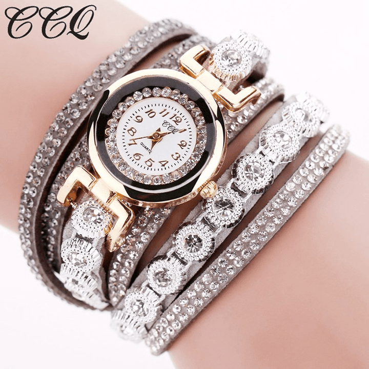 CCQ Fashion Luxury Rhinestone PU Leather Band Women Quartz Bracelet Watch - MRSLM