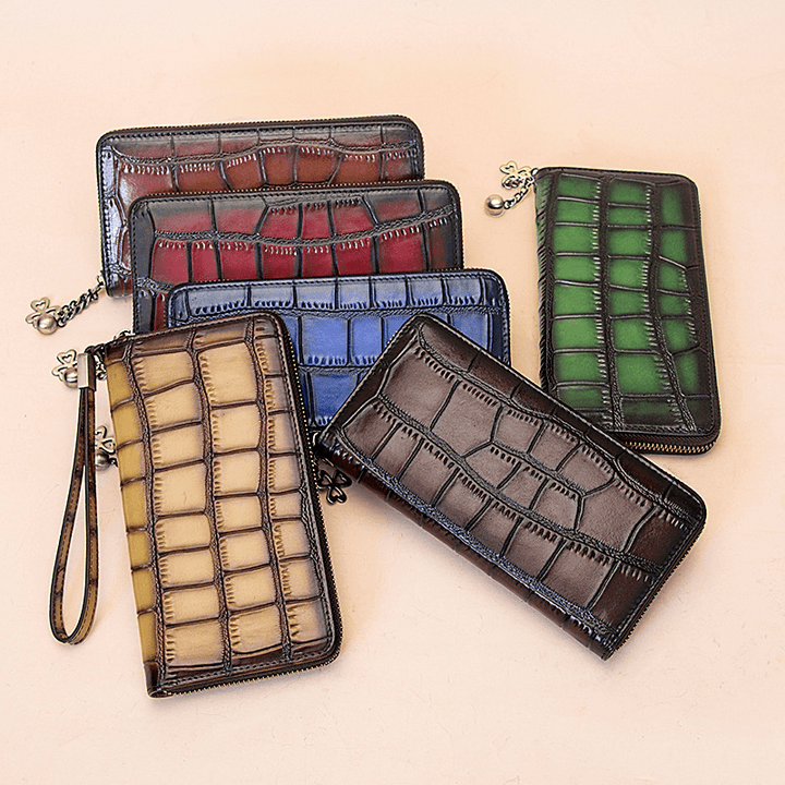 Women Genuine Leather Alligator Pattern Retro Soft Leather Bag Multi-Slot Card Holder Wallet Clutch Purse - MRSLM
