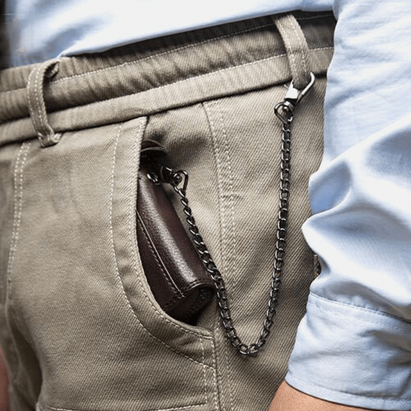 Men Genuine Leather Chain RFID Blocking Anti-Theft Zipper Multi-Slot Card Holder Wallet - MRSLM
