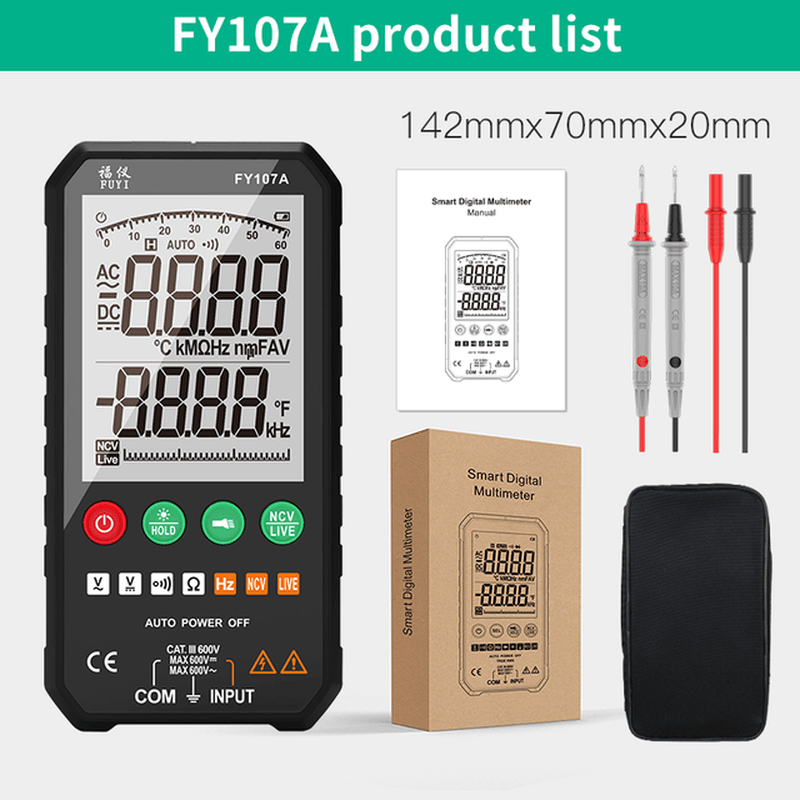 FY107A/FY107B/FY107C Smart Automatic Digital Multimeter 6000 Counts Ture RMS AC DC NCV Transistor Capacitor Temperature Voltage Smart Meter - MRSLM