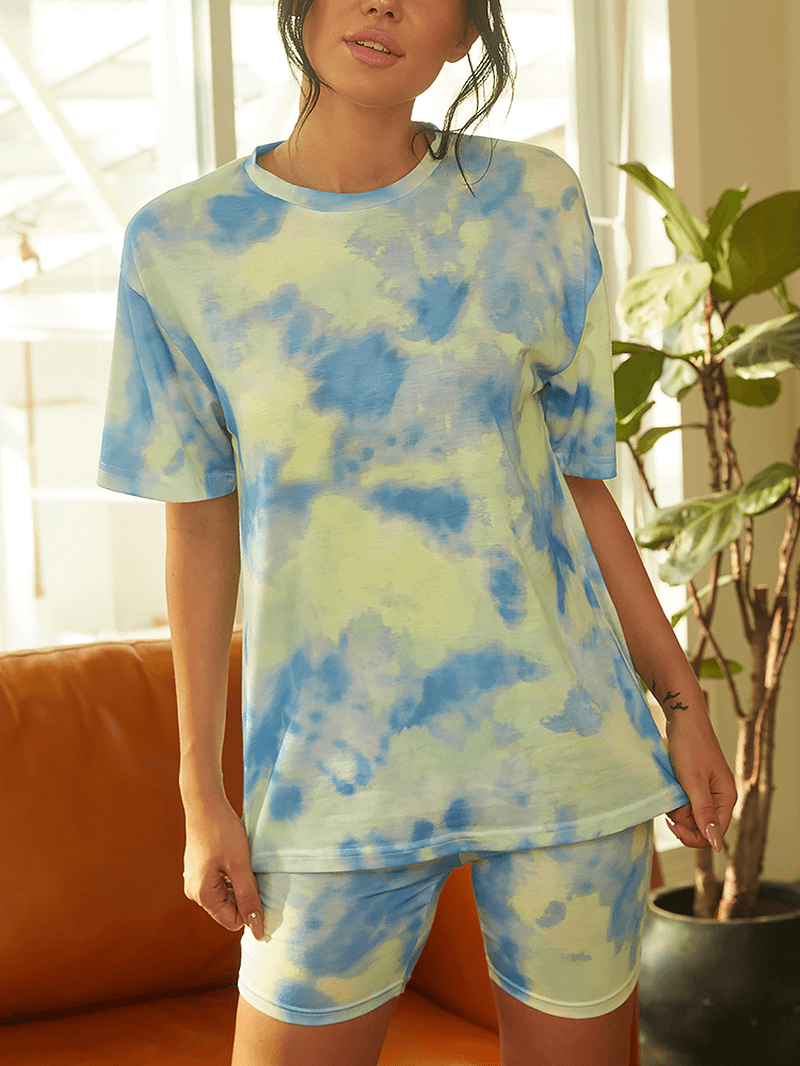 Tie Dye Print Women Summer Sports Two-Piece Top Casual T-Shirts - MRSLM