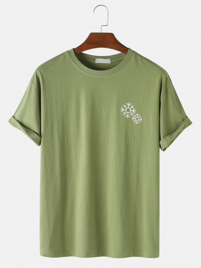 Mens Solid Color Snowflake Print O-Neck Casual Short Sleeve T-Shirt - MRSLM