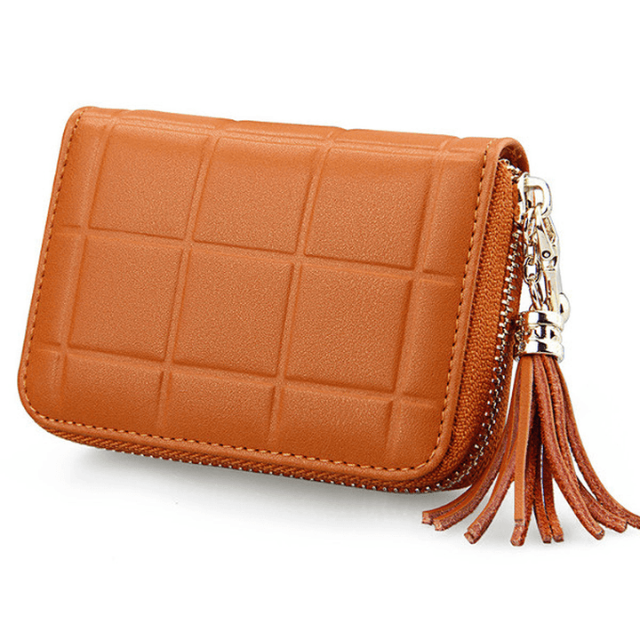 Women Genuine Leather RFID Quilted Card Holder Girls Tassel Zipper Short Wallet Coin Bags - MRSLM