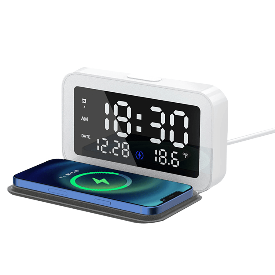6 in 1 LED Electric Alarm Clock Thermometer Digital Multifunction Night Light Clock with Mobile Phone Wireless Charger Home Office Supplies - MRSLM