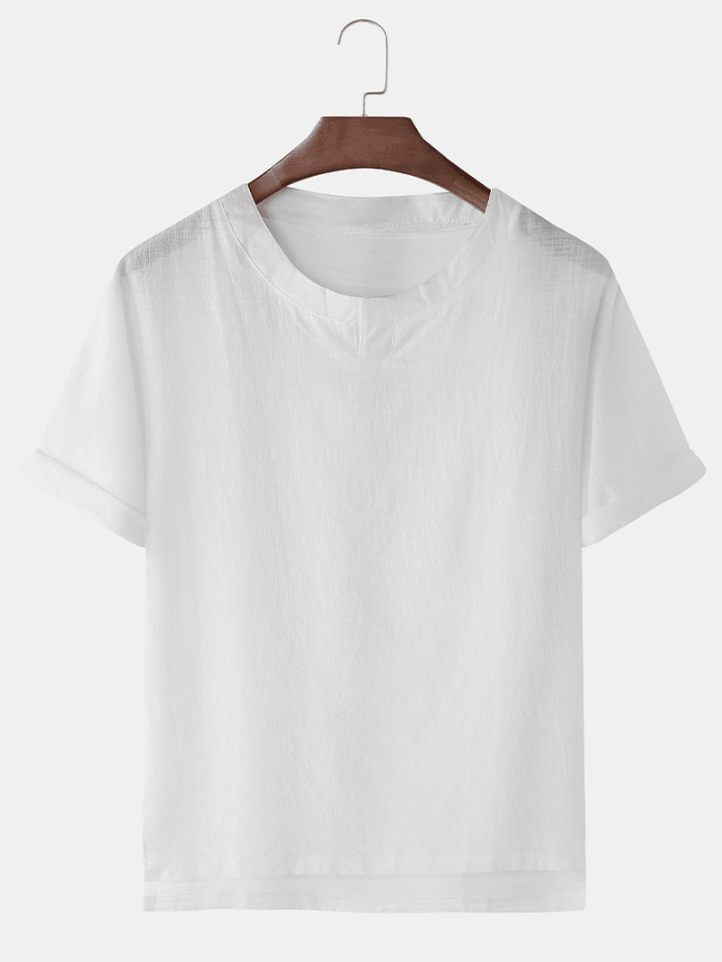 Mens Cotton Breathable V Neck Solid Color Casual T-Shirts - MRSLM