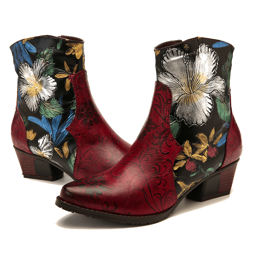 Women Retro Embossed Flowers Stitching Leather Ankle Boots - MRSLM