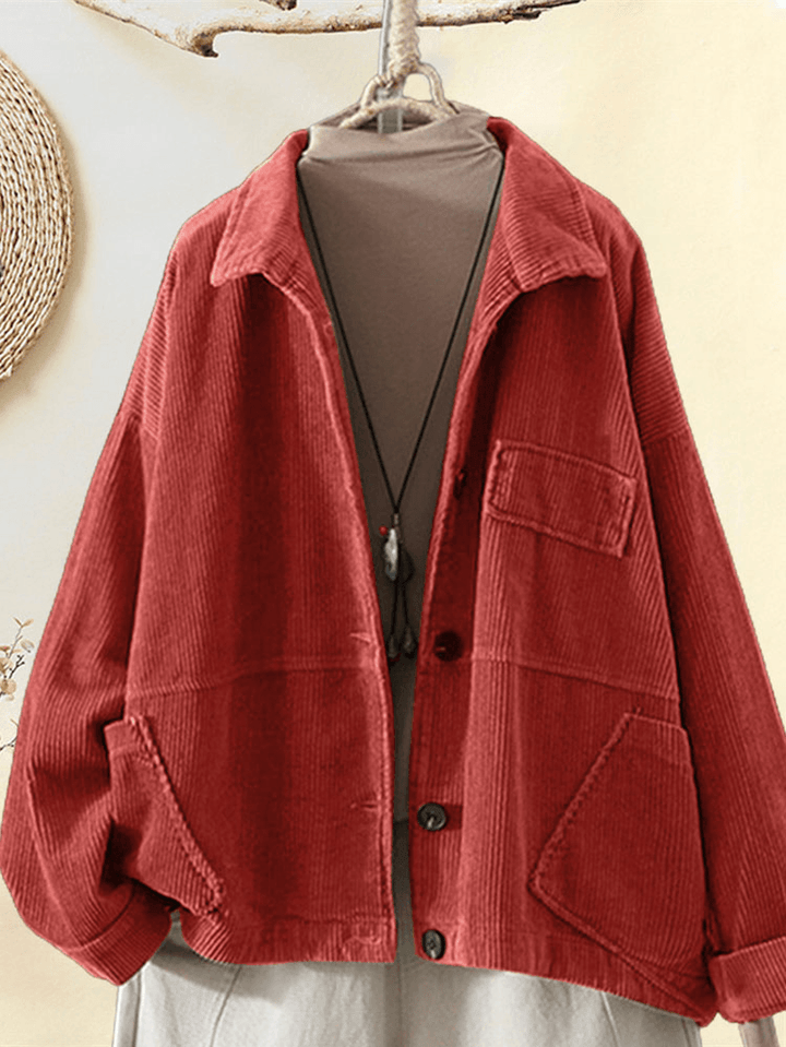 Corduroy Turn-Down Collar Long Sleeve Vintage Casual Coats for Women - MRSLM