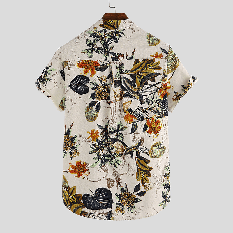 Mens Cottonn Tropical Leaves Prinnt Short Sleeve Oriental Henley Shirts - MRSLM