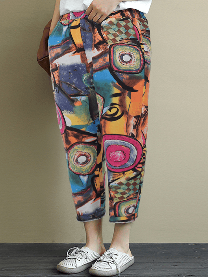 Women Elastic Waist Printed Harem Pants Casual Loose Trousers - MRSLM