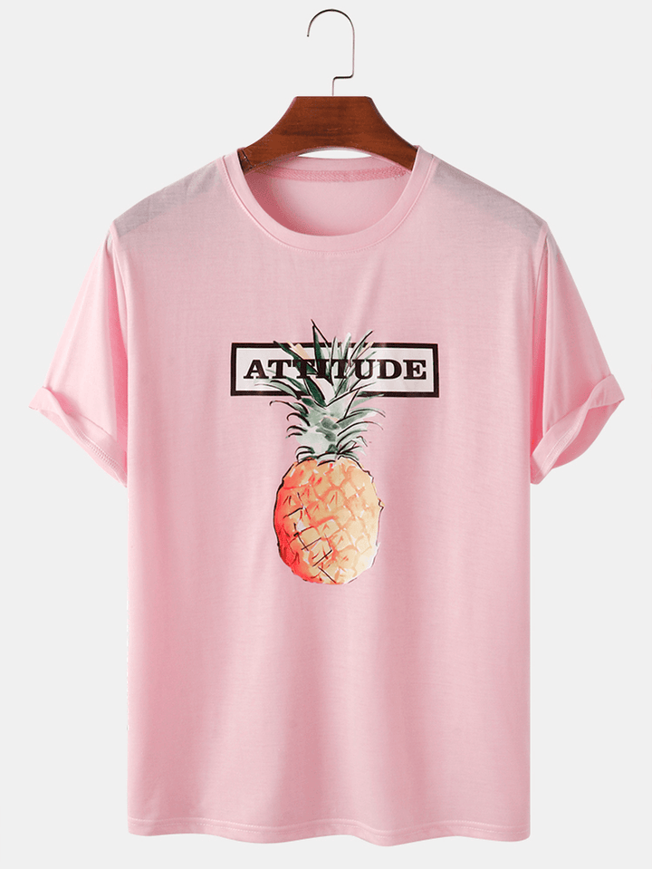 100%Cotton Letter Print Pineapple Pattern Pink Short Sleeve Casual T-Shirts - MRSLM